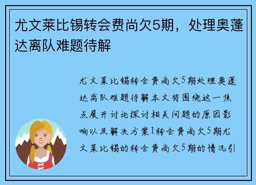 尤文莱比锡转会费尚欠5期，处理奥蓬达离队难题待解